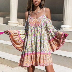 Boho Floral Cold Shoulder statement sleeved Ruffle Hem Mini Dress